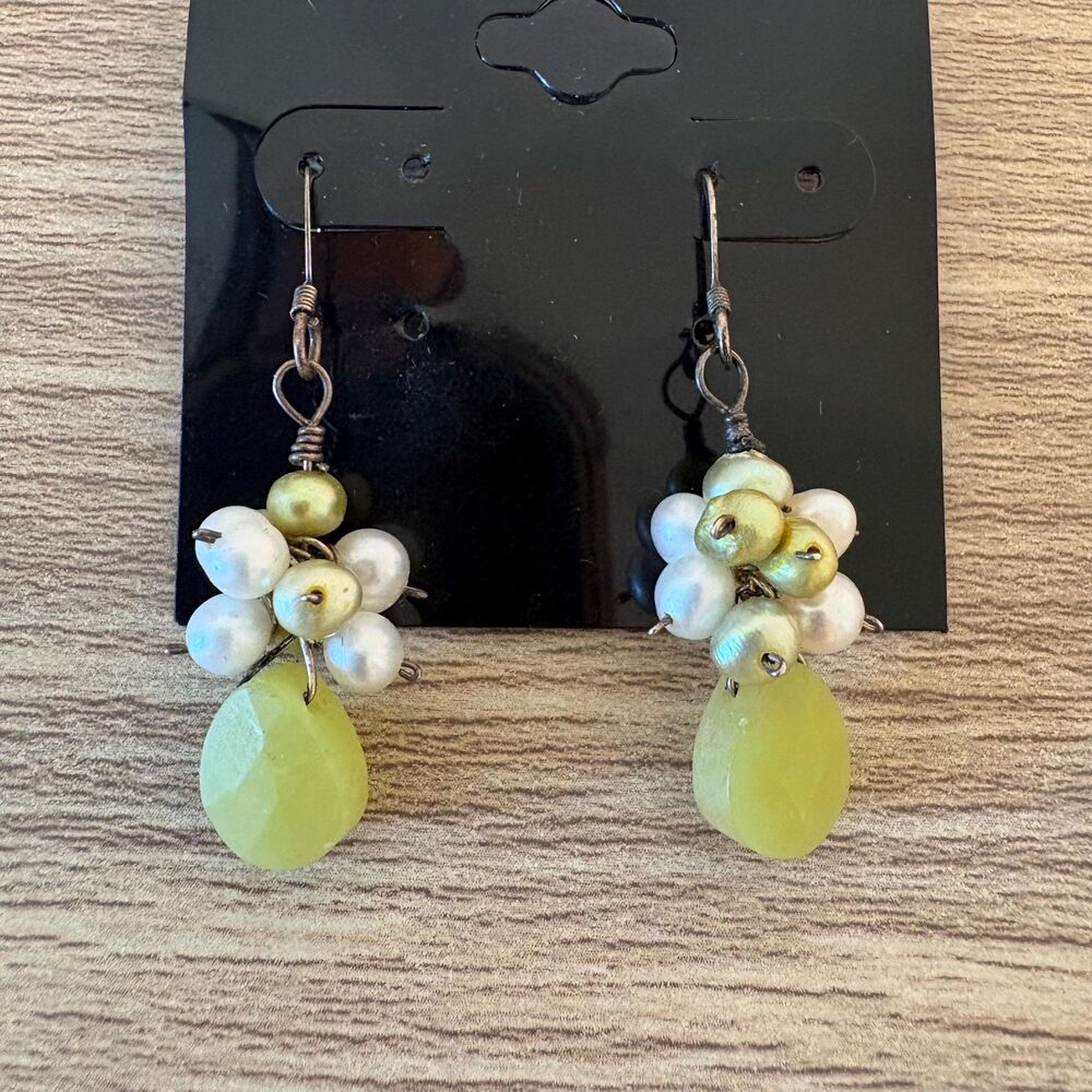 Vintage Cluster Bead Drop Earrings Green Teardrop Pearl Cottagecore Boho Jewelry